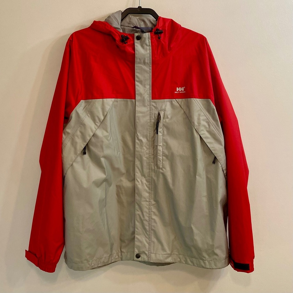 Helly Hansen Jacket Mens XL TG Red Gray Helly Tech Waterproof Hooded Rain Shell